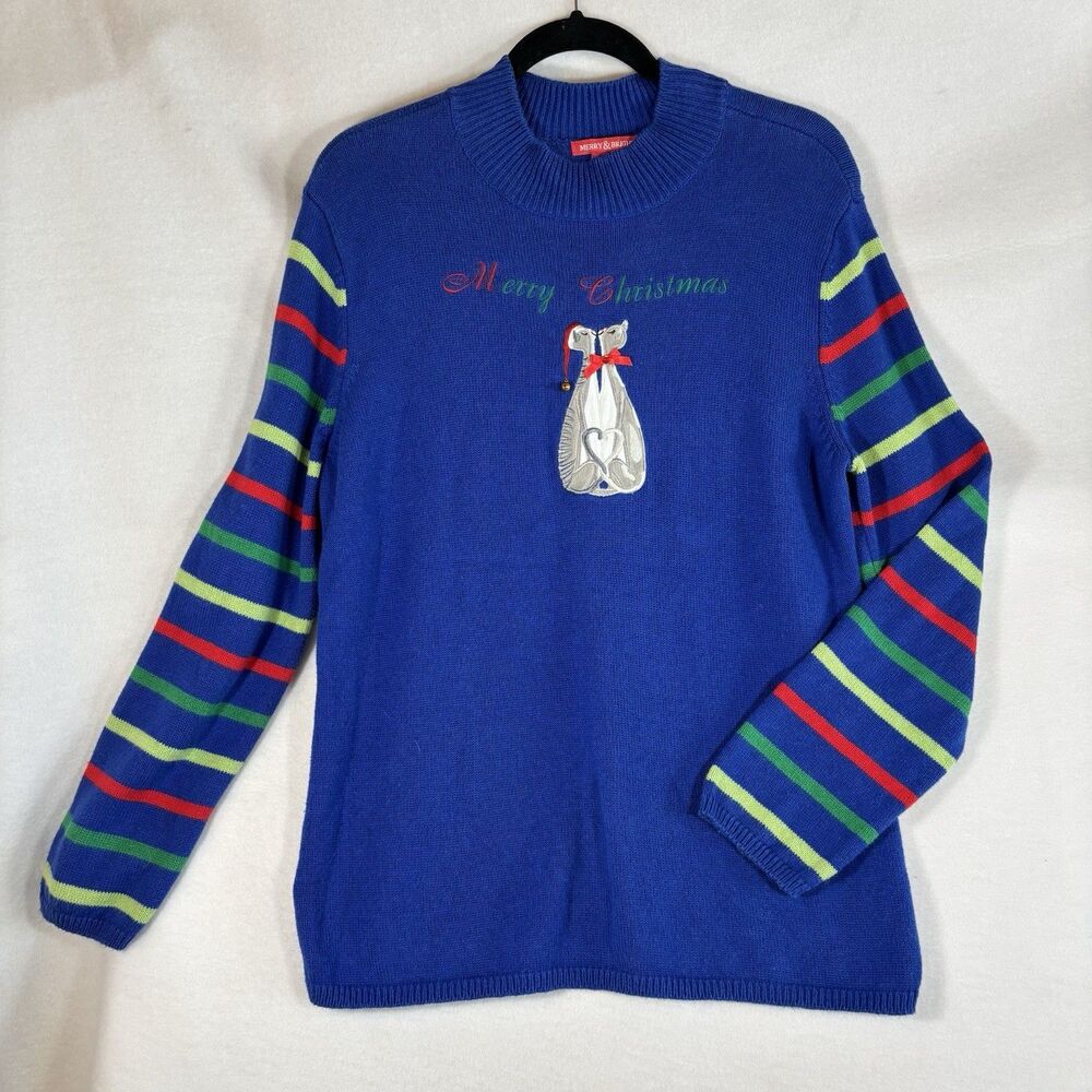 MERRY BRIGHT Cat Christmas Sweater Blue Holiday Pullover